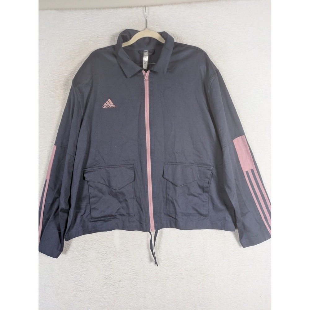 Adidas Full Zip Jacket Women's 2XL Navy Pink 3-Stripes Drawstring Utility Pocket